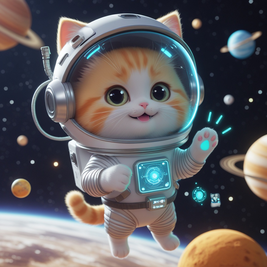 CAT SI waving with glowing paw in space